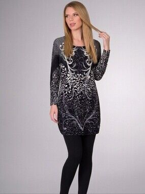 Elena Wang Women’s Size Small Leopard Scroll Print Knit Tunic Sweater Dress 3/4